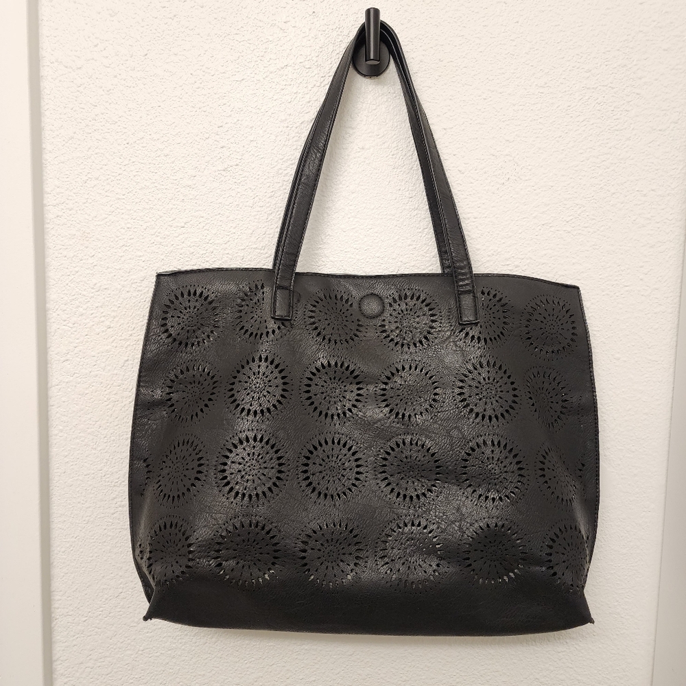 Under One Sky Black Perforated Boho Leather Tote Bag